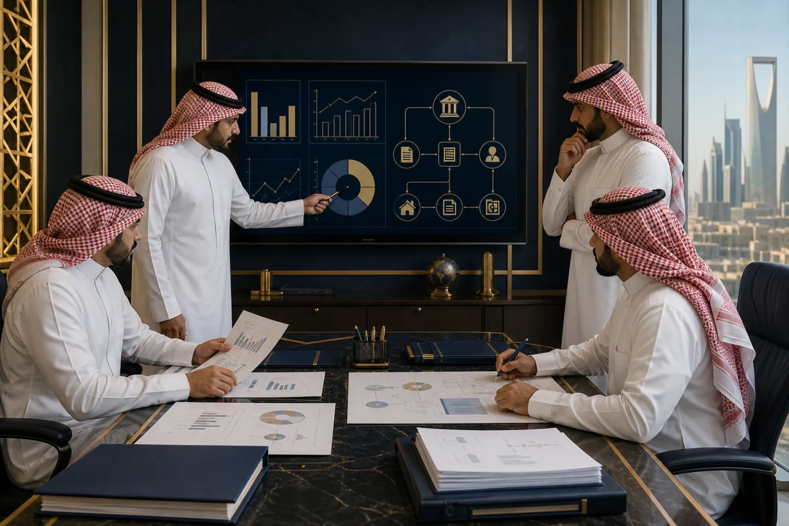 رجال أعمال ومحامون سعوديون يحللون أصول شركة لتنفيذ حكم تجاري