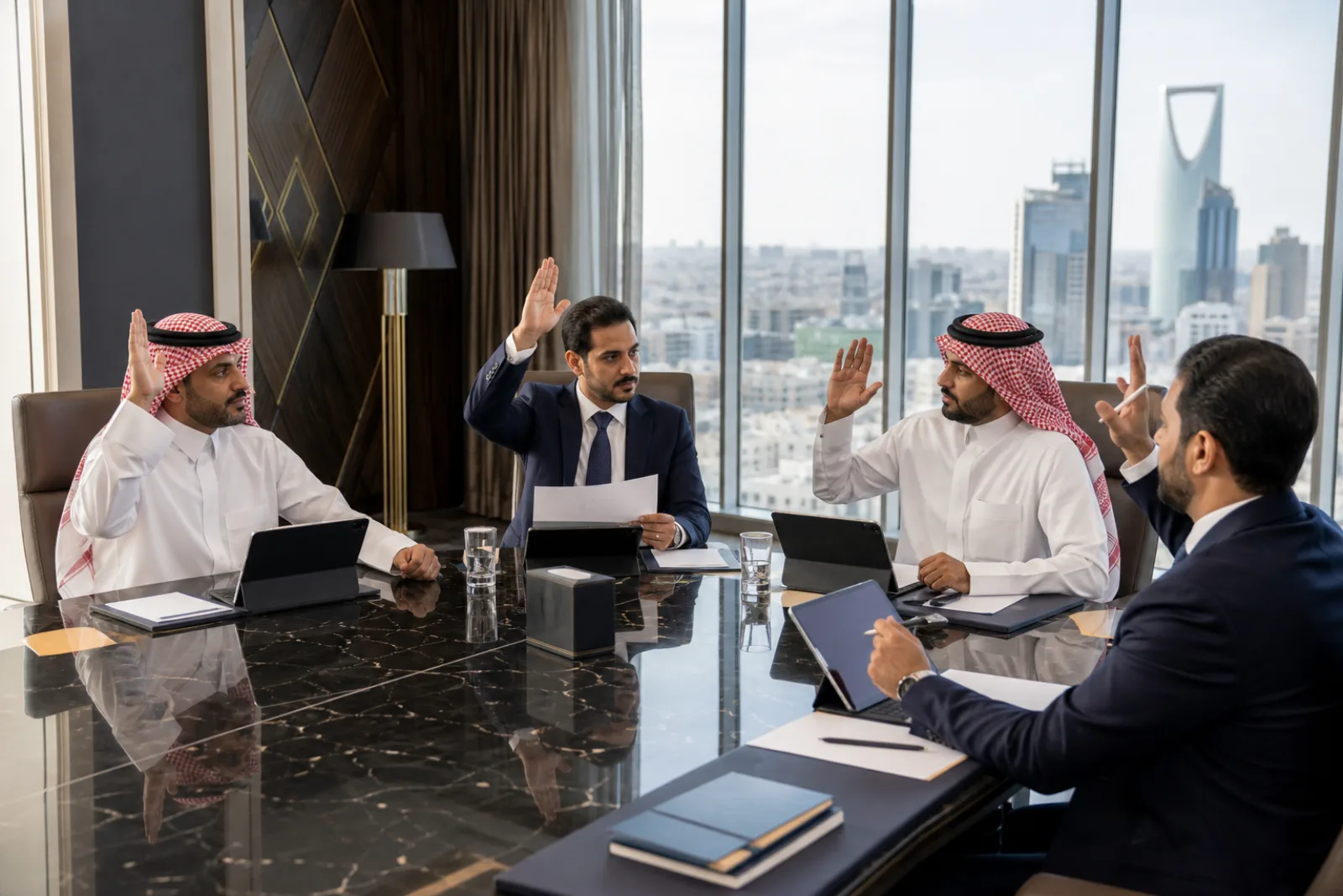 أعضاء مجلس إدارة رجال يصوتون على قرار في اجتماع رسمي