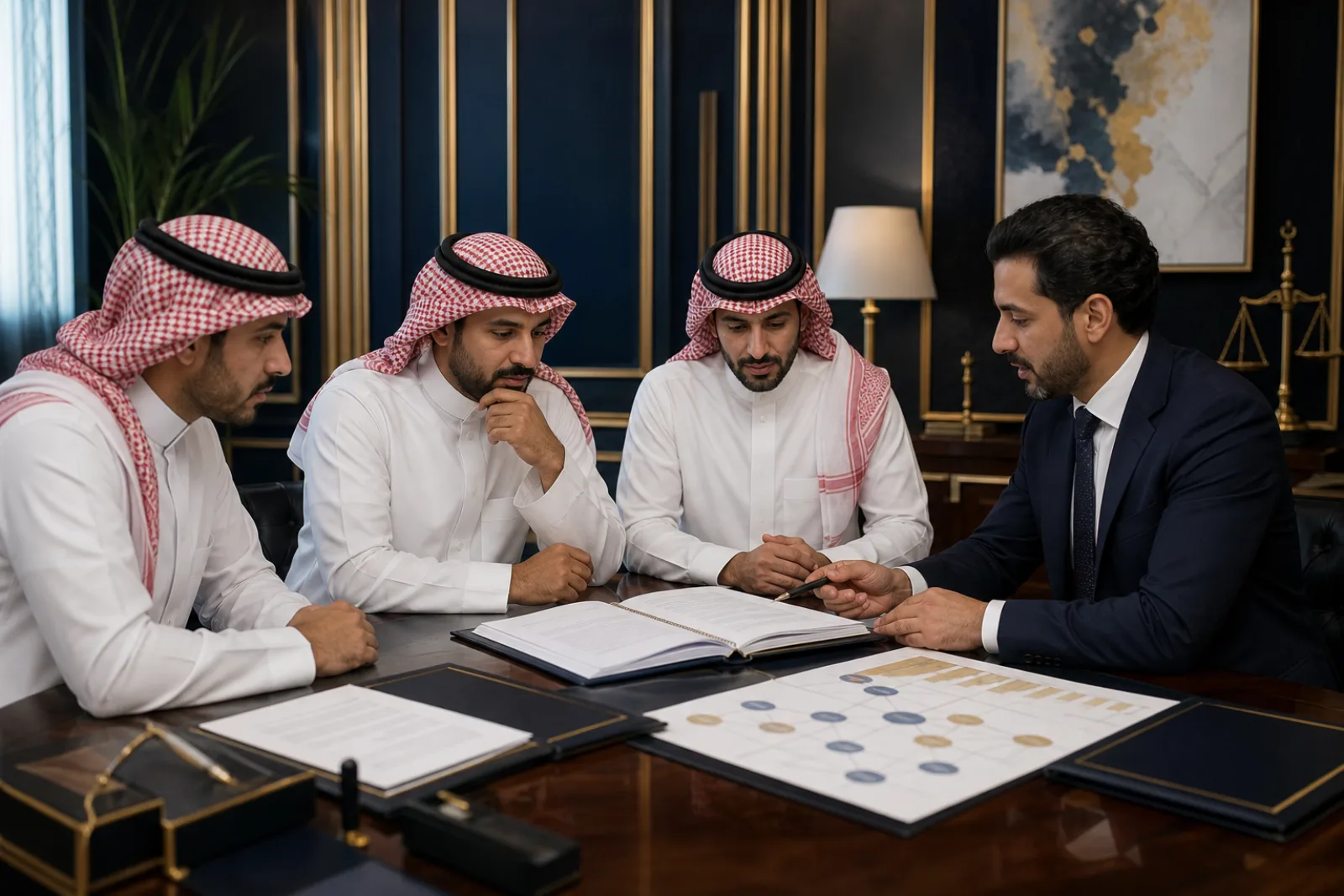 محام ورجال من عائلة سعودية يراجعون الميثاق العائلي