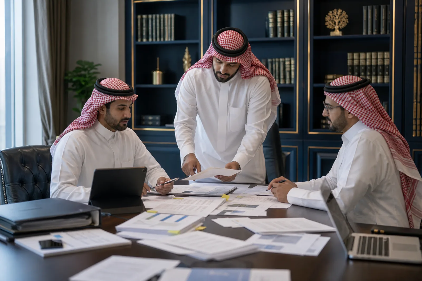 فريق محامين رجال يجهز صحيفة دعوى تجارية والمستندات