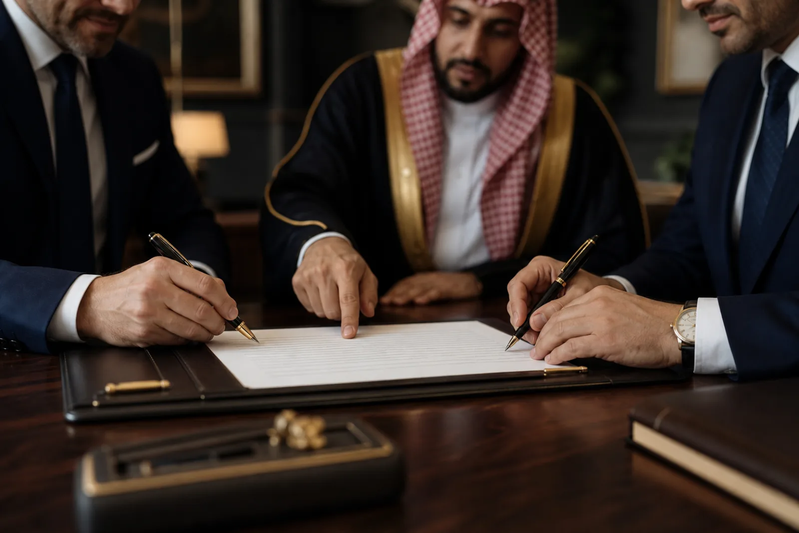 مراجعة وتوقيع عقد تجاري بحضور محامٍ