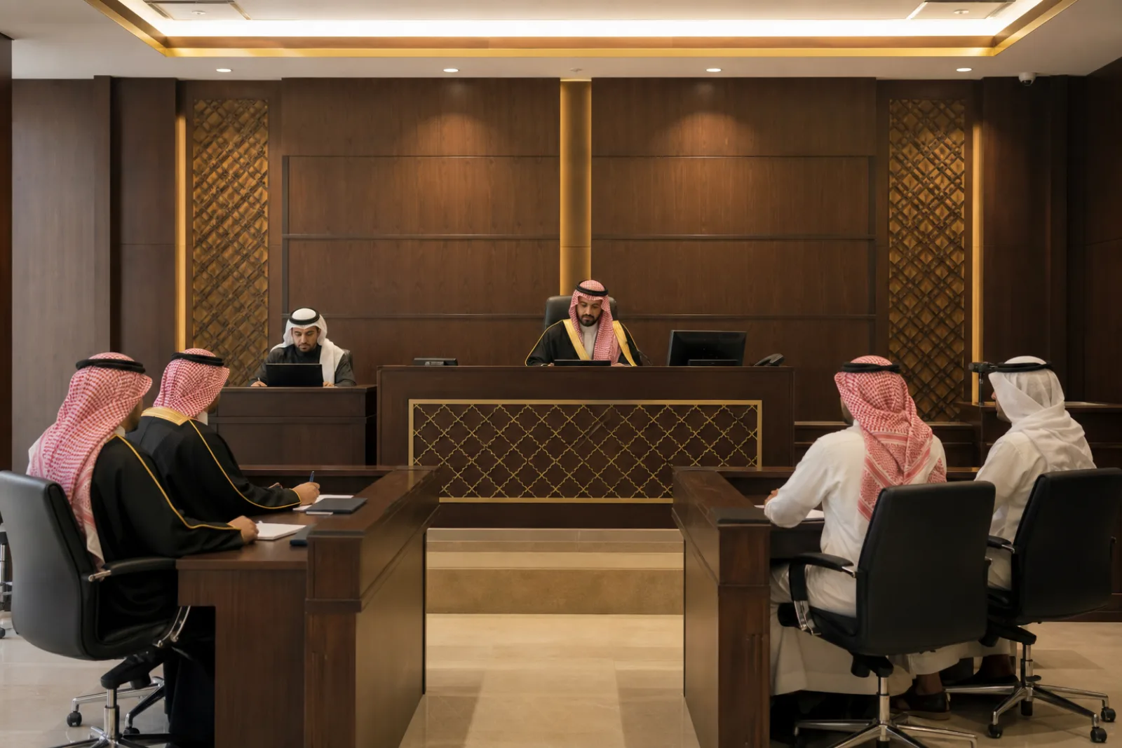 جلسة محكمة تجارية حديثة بحضور قضاة ومحامين ورجال أعمال