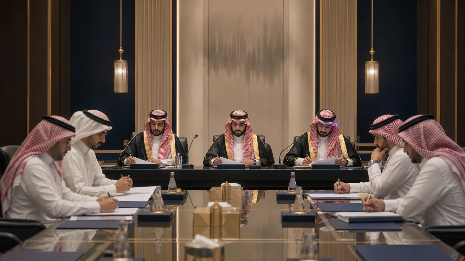 جلسة تحكيم تجاري تضم رجالًا فقط في قاعة خاصة