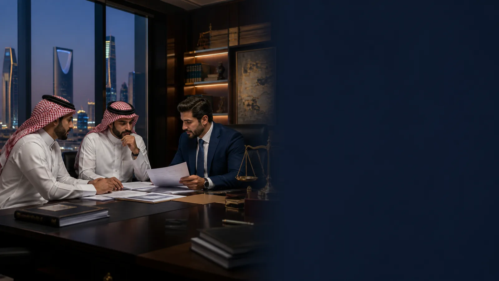 محام تجاري ورجال أعمال يراجعون ملف دعوى تجارية في السعودية