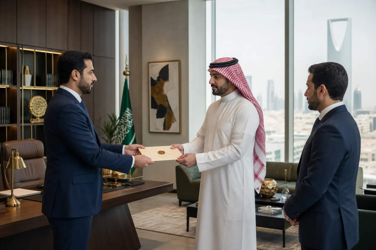 محام رجل يسلم إخطارًا تجاريًا إلى مدير شركة سعودي