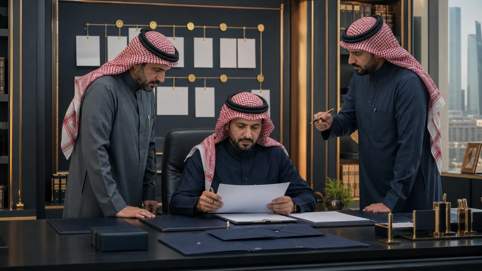 فريق قانوني من الرجال فقط يراجع ملف دعوى بطلان حكم التحكيم