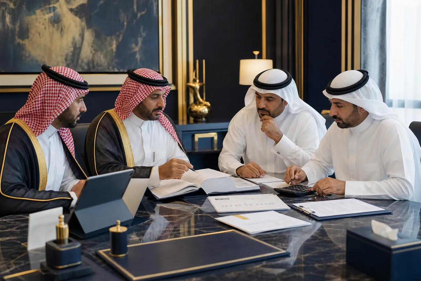 محامون سعوديون يراجعون سندًا تنفيذيًا وحساب المبلغ المحكوم به
